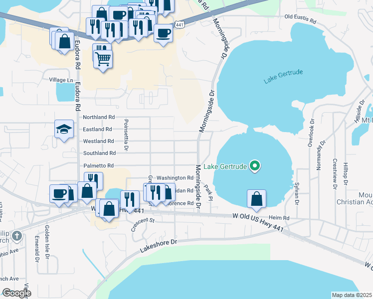 map of restaurants, bars, coffee shops, grocery stores, and more near 2145 Southland Road in Mount Dora