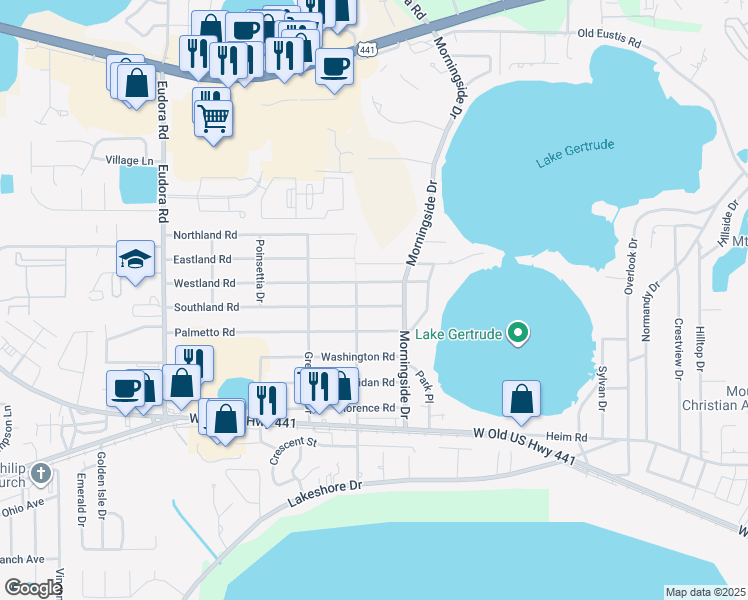 map of restaurants, bars, coffee shops, grocery stores, and more near 2145 Southland Road in Mount Dora