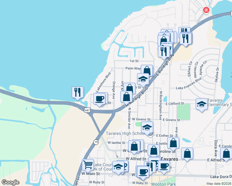 map of restaurants, bars, coffee shops, grocery stores, and more near 1015 Orange Avenue in Tavares