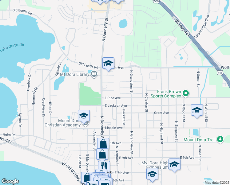 map of restaurants, bars, coffee shops, grocery stores, and more near 260 Fearon Avenue in Mount Dora