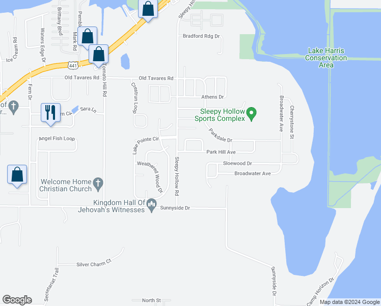map of restaurants, bars, coffee shops, grocery stores, and more near 7516 Park Hill Avenue in Leesburg