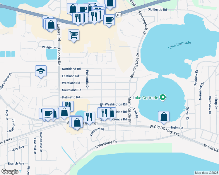 map of restaurants, bars, coffee shops, grocery stores, and more near 2301 Southland Road in Mount Dora