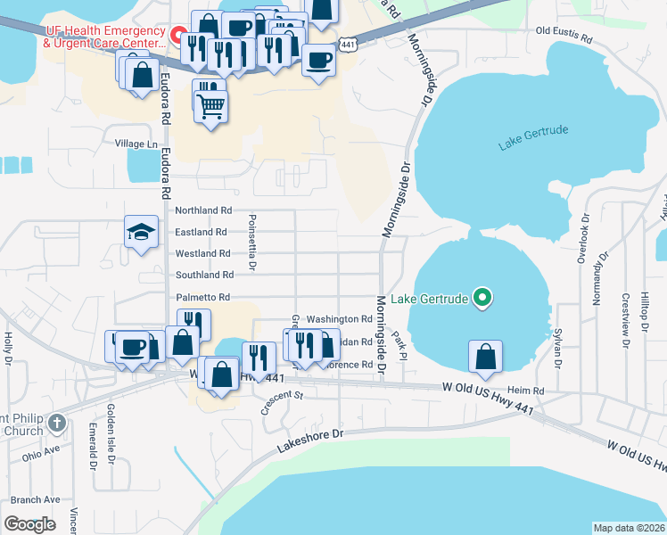 map of restaurants, bars, coffee shops, grocery stores, and more near 2301 Southland Road in Mount Dora