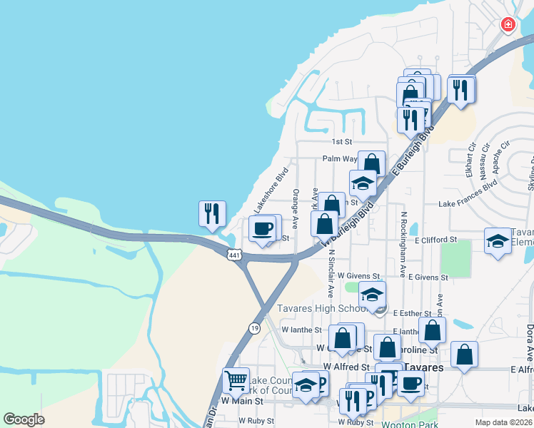 map of restaurants, bars, coffee shops, grocery stores, and more near 714 Tangerine Street in Tavares