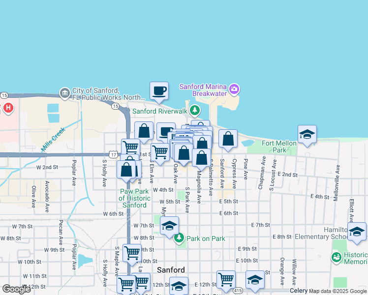 map of restaurants, bars, coffee shops, grocery stores, and more near 114 West 1st Street in Sanford