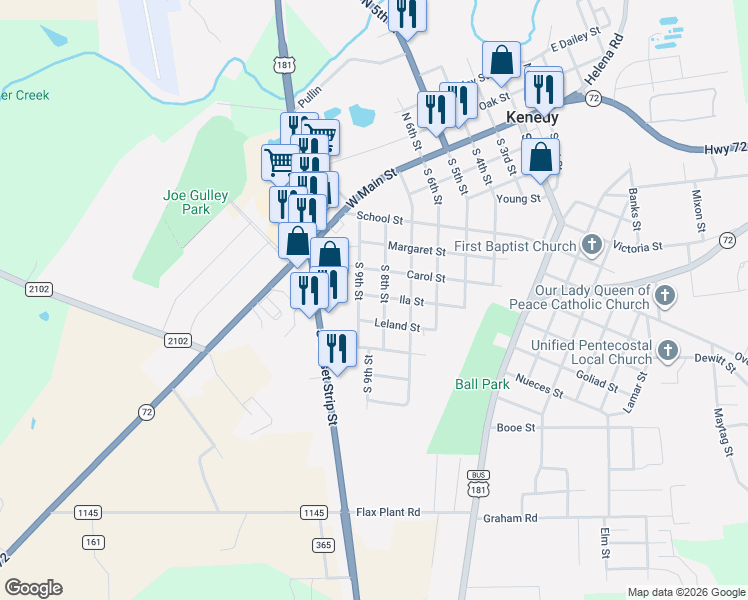map of restaurants, bars, coffee shops, grocery stores, and more near 809 Ila Street in Kenedy