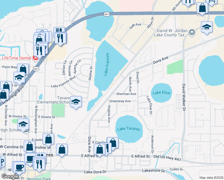 map of restaurants, bars, coffee shops, grocery stores, and more near 1201 Sherman Avenue in Tavares