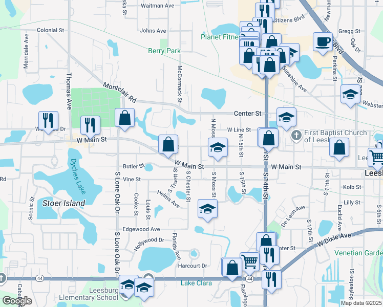 map of restaurants, bars, coffee shops, grocery stores, and more near 108 North Chester Street in Leesburg