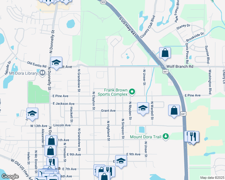 map of restaurants, bars, coffee shops, grocery stores, and more near 925 Fearon Avenue in Mount Dora