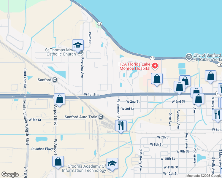 map of restaurants, bars, coffee shops, grocery stores, and more near 2200 West 1st Street in Sanford