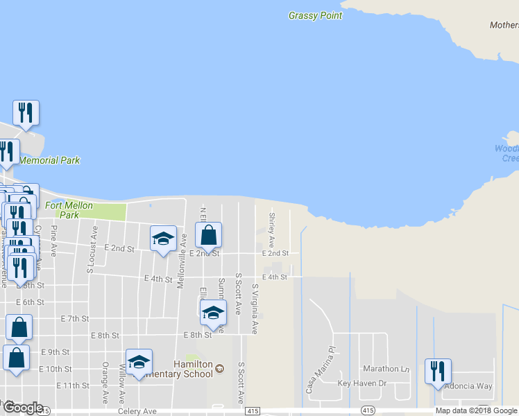 map of restaurants, bars, coffee shops, grocery stores, and more near 125 North Virginia Avenue in Sanford