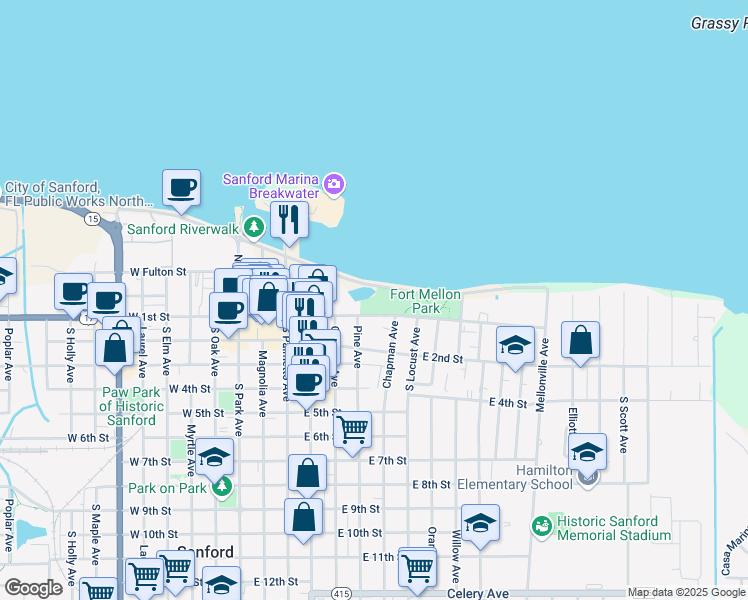 map of restaurants, bars, coffee shops, grocery stores, and more near 777 East Seminole in Sanford