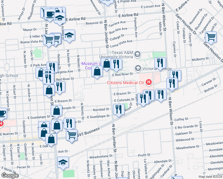map of restaurants, bars, coffee shops, grocery stores, and more near 2104 East Brazos Street in Victoria