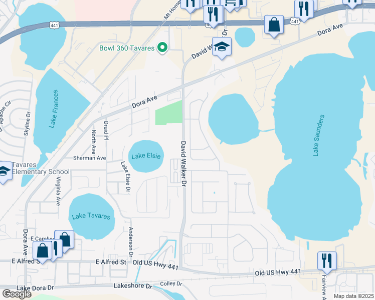 map of restaurants, bars, coffee shops, grocery stores, and more near 1116 Longville Circle in Tavares