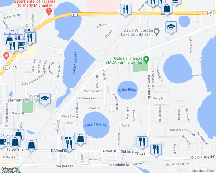 map of restaurants, bars, coffee shops, grocery stores, and more near 1116 Juniper Court in Tavares