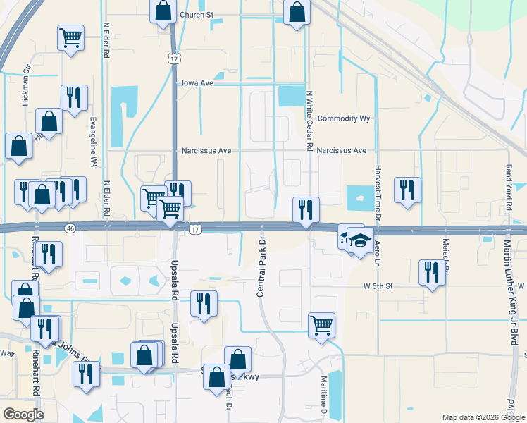 map of restaurants, bars, coffee shops, grocery stores, and more near 1700 Old England Loop in Sanford