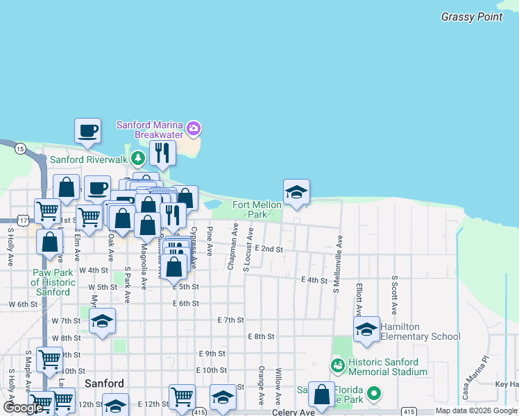 map of restaurants, bars, coffee shops, grocery stores, and more near 901 East Seminole Boulevard in Sanford