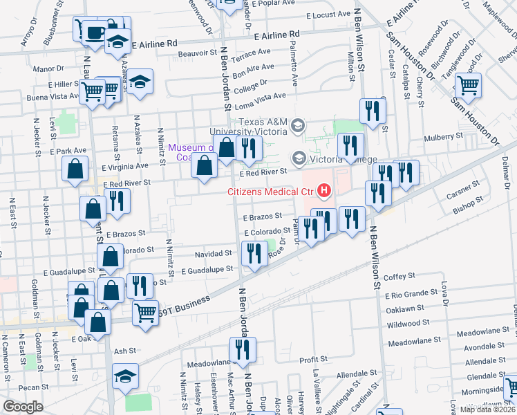 map of restaurants, bars, coffee shops, grocery stores, and more near 2210 East Brazos Street in Victoria