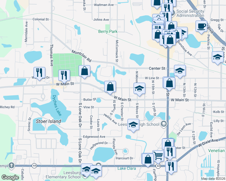 map of restaurants, bars, coffee shops, grocery stores, and more near 117 North Truett Street in Leesburg