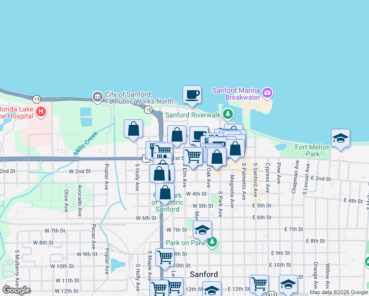 map of restaurants, bars, coffee shops, grocery stores, and more near West Commercial Street in Sanford