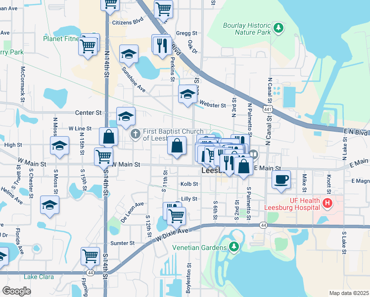 map of restaurants, bars, coffee shops, grocery stores, and more near 107 Lee Street in Leesburg