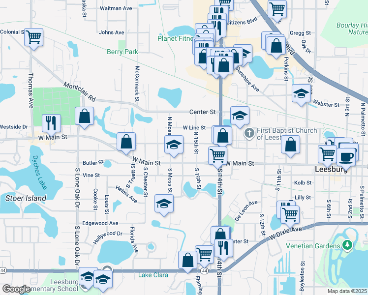 map of restaurants, bars, coffee shops, grocery stores, and more near 109 North College Street in Leesburg