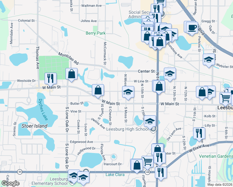 map of restaurants, bars, coffee shops, grocery stores, and more near 1803 High Street in Leesburg