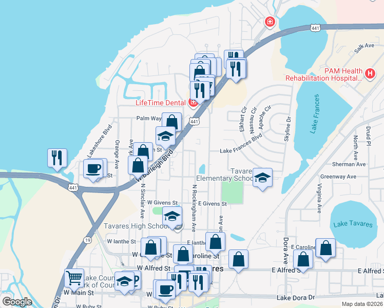 map of restaurants, bars, coffee shops, grocery stores, and more near 106 East Nelson Street in Tavares