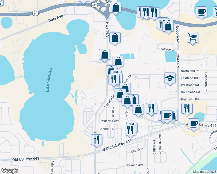 map of restaurants, bars, coffee shops, grocery stores, and more near 1674 Bay Road in Mount Dora