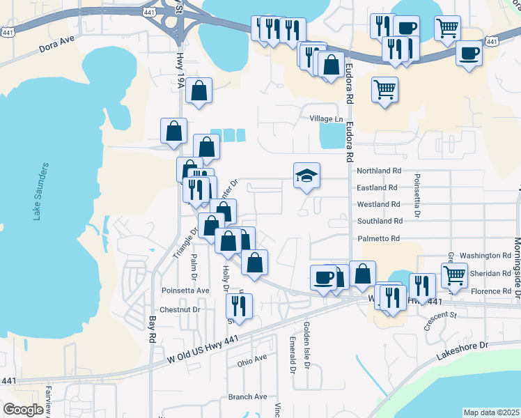 map of restaurants, bars, coffee shops, grocery stores, and more near 3550 Lake Center Drive in Mount Dora