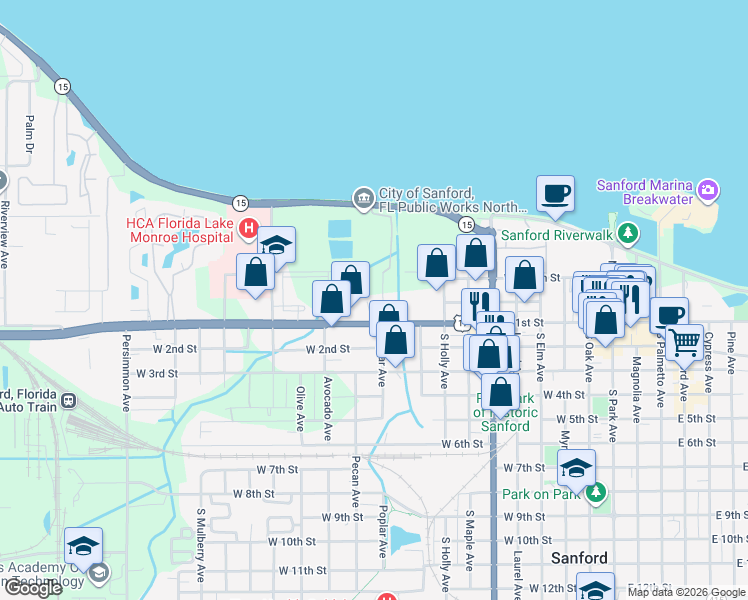 map of restaurants, bars, coffee shops, grocery stores, and more near 110 Poplar Avenue in Sanford