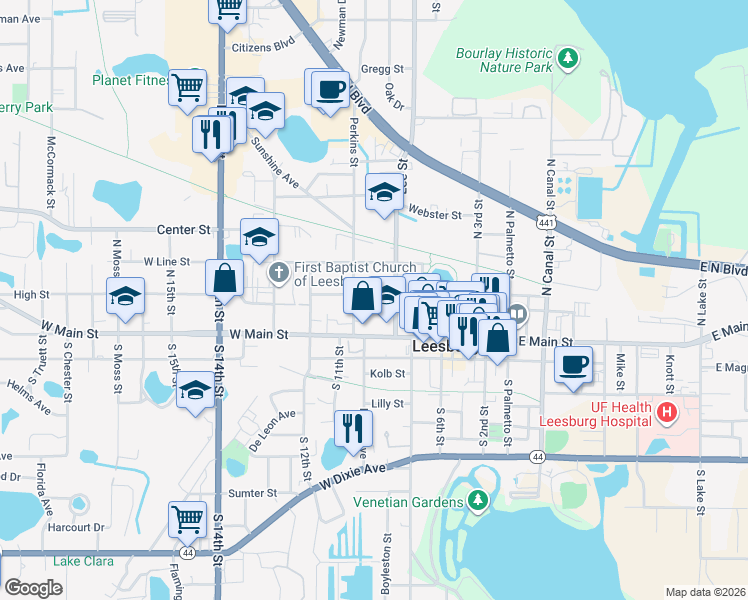 map of restaurants, bars, coffee shops, grocery stores, and more near 107 Lee Street in Leesburg
