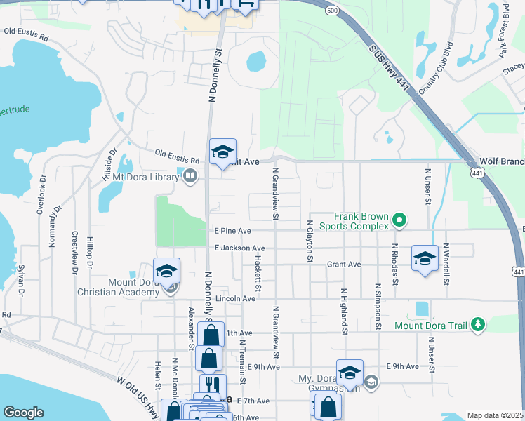 map of restaurants, bars, coffee shops, grocery stores, and more near 312 East Pine Avenue in Mount Dora