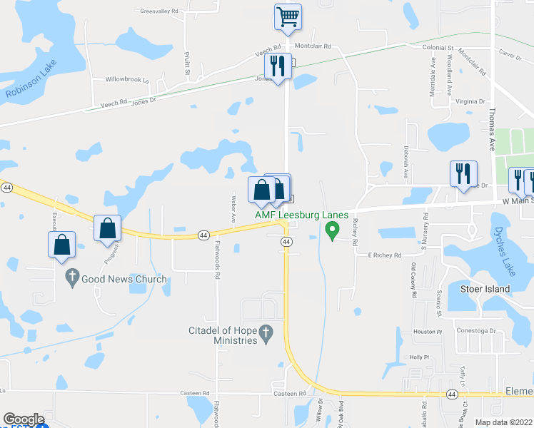 map of restaurants, bars, coffee shops, grocery stores, and more near 3330 West Main Street in Leesburg