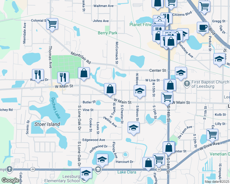 map of restaurants, bars, coffee shops, grocery stores, and more near 1911 High Street in Leesburg