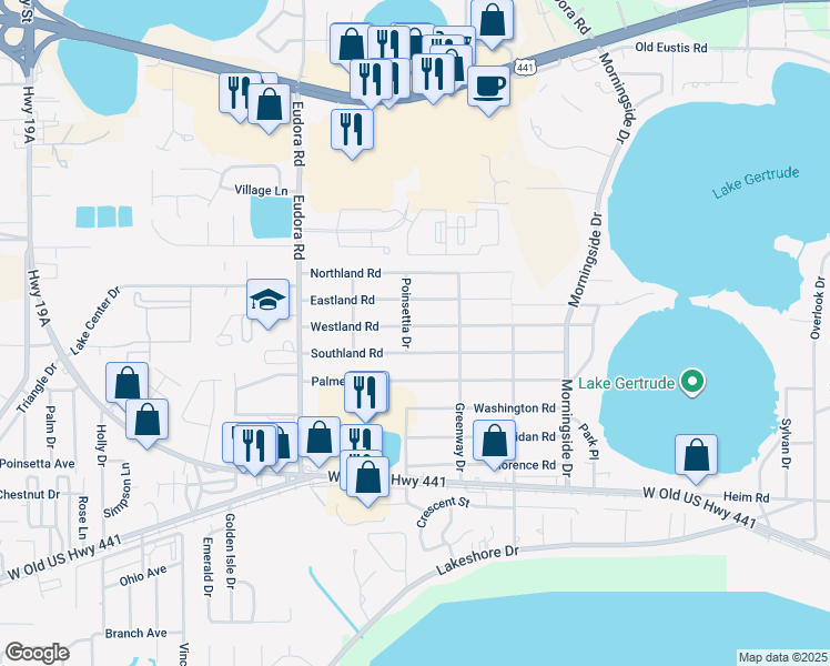map of restaurants, bars, coffee shops, grocery stores, and more near 2590 Westland Road in Mount Dora