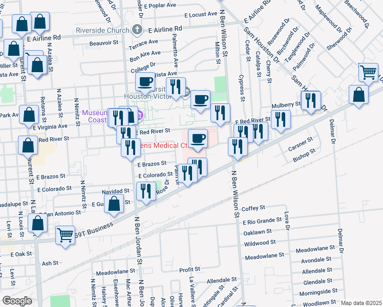 map of restaurants, bars, coffee shops, grocery stores, and more near 2701 Hospital Drive in Victoria