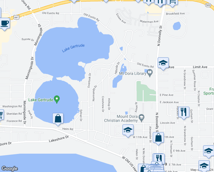 map of restaurants, bars, coffee shops, grocery stores, and more near 1811 Hilltop Drive in Mount Dora