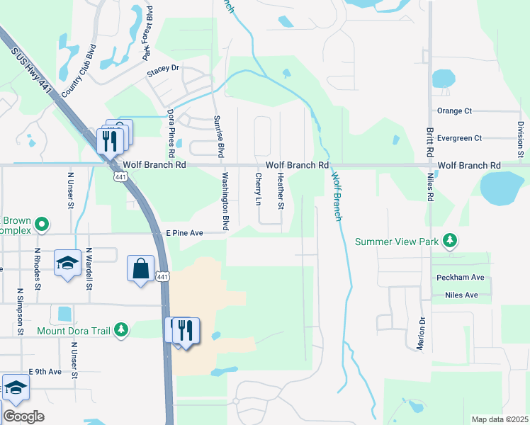 map of restaurants, bars, coffee shops, grocery stores, and more near 1826 Cherry Lane in Mount Dora