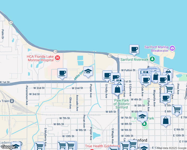map of restaurants, bars, coffee shops, grocery stores, and more near 918 W 1st St in Sanford