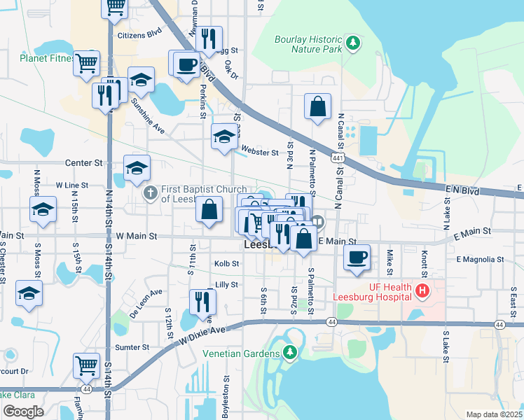 map of restaurants, bars, coffee shops, grocery stores, and more near 140 North 7th Street in Leesburg