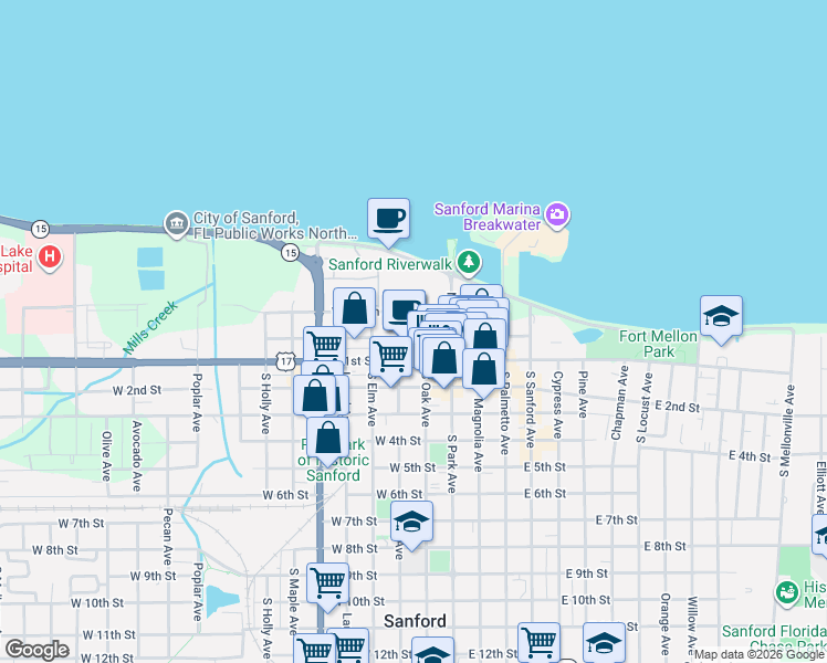 map of restaurants, bars, coffee shops, grocery stores, and more near 211 West 1st Street in Sanford