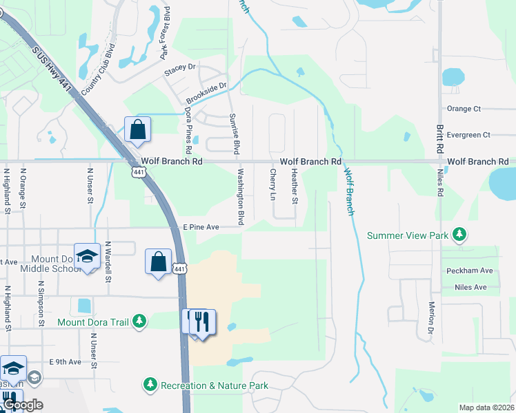 map of restaurants, bars, coffee shops, grocery stores, and more near 1720 Highland Park Boulevard in Mount Dora