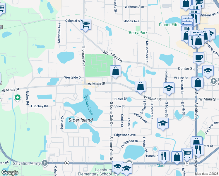 map of restaurants, bars, coffee shops, grocery stores, and more near 114 South Lone Oak Drive in Leesburg