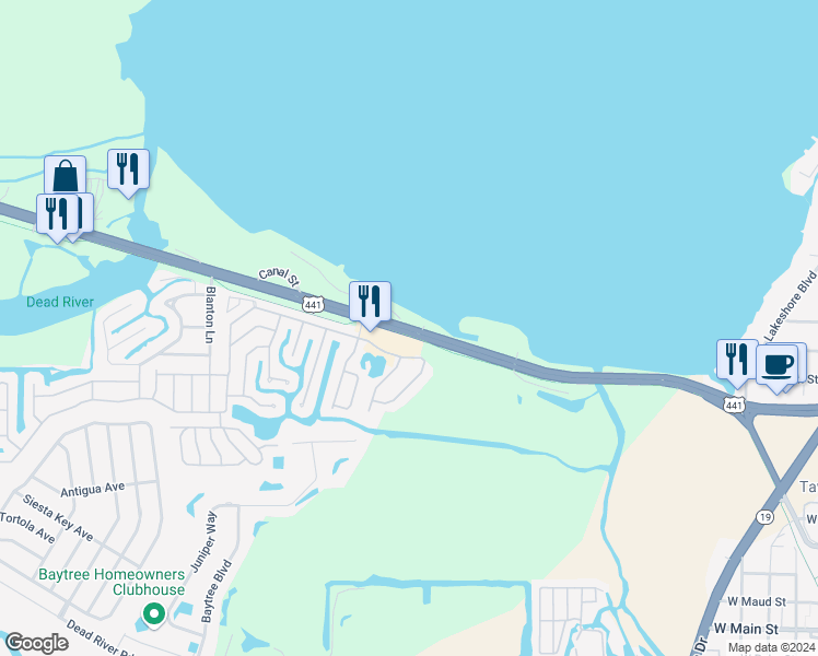 map of restaurants, bars, coffee shops, grocery stores, and more near 2724 West Burleigh Boulevard in Tavares