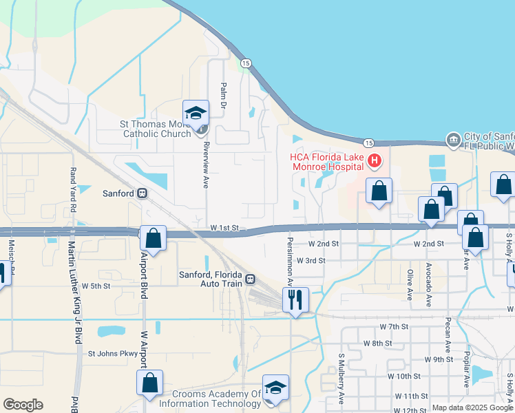 map of restaurants, bars, coffee shops, grocery stores, and more near 2210 West 1st Street in Sanford