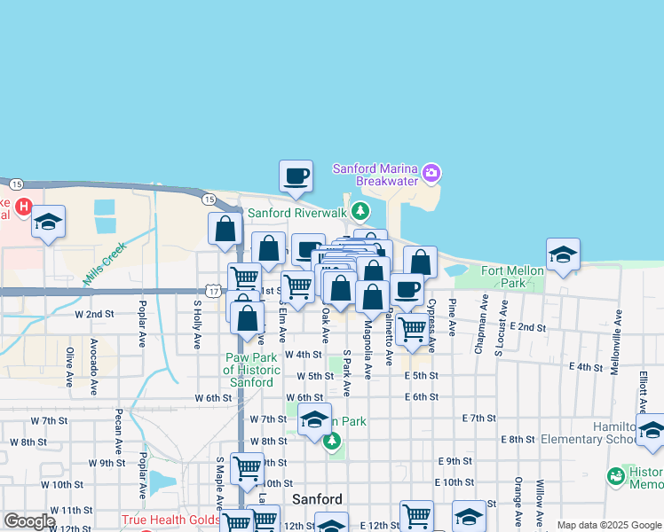 map of restaurants, bars, coffee shops, grocery stores, and more near 114 West 1st Street in Sanford