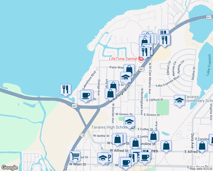 map of restaurants, bars, coffee shops, grocery stores, and more near 1247 Park Avenue in Tavares