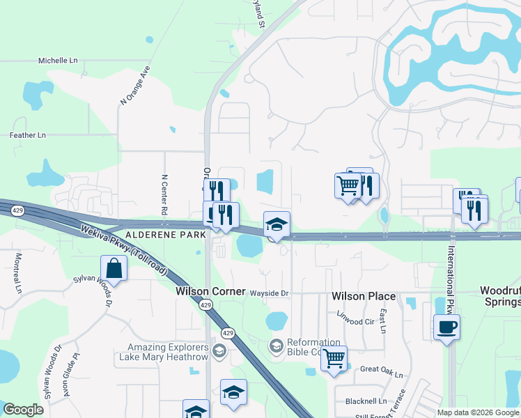 map of restaurants, bars, coffee shops, grocery stores, and more near 5483 Glen Oak Place in Sanford