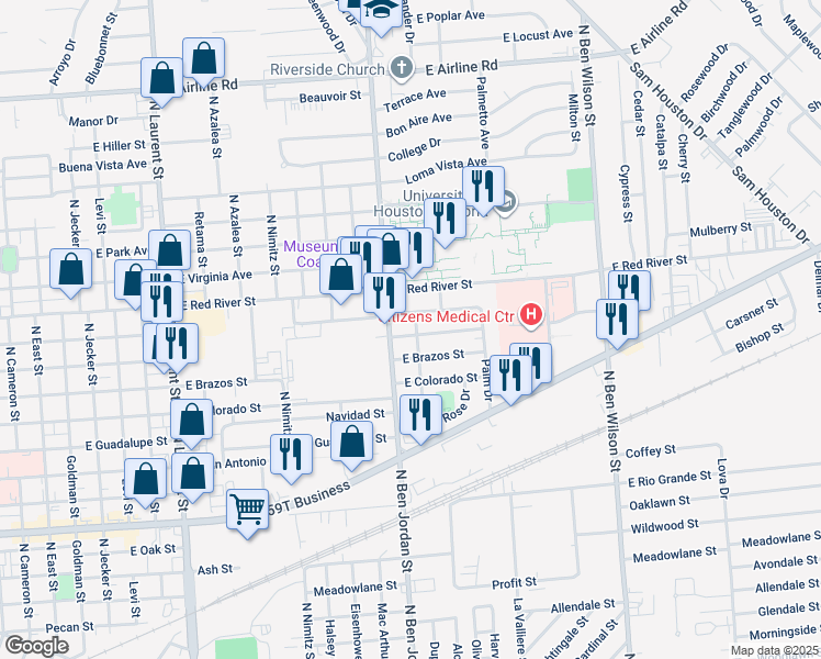 map of restaurants, bars, coffee shops, grocery stores, and more near 2108 East Trinity Street in Victoria